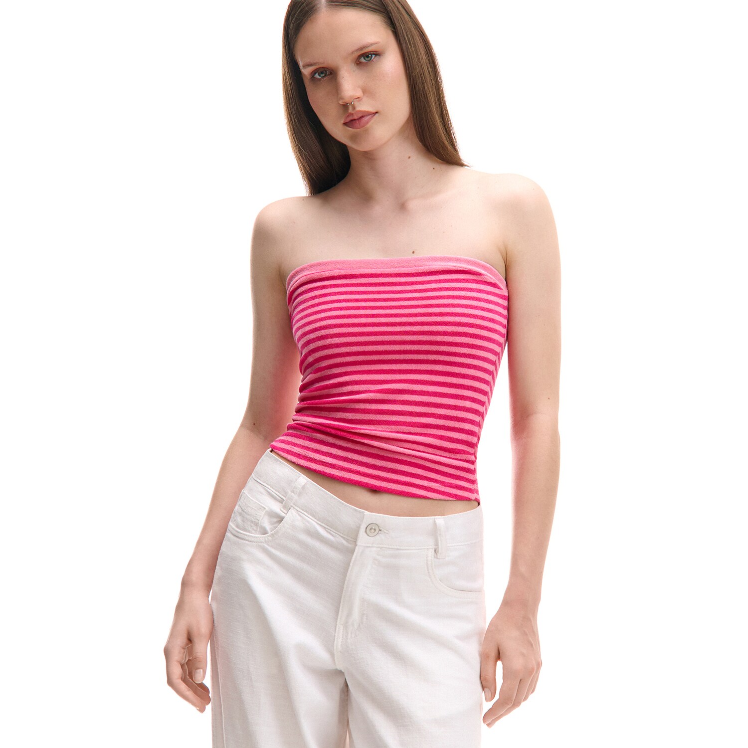 Cropp - Раиран топ - пастелнорозово