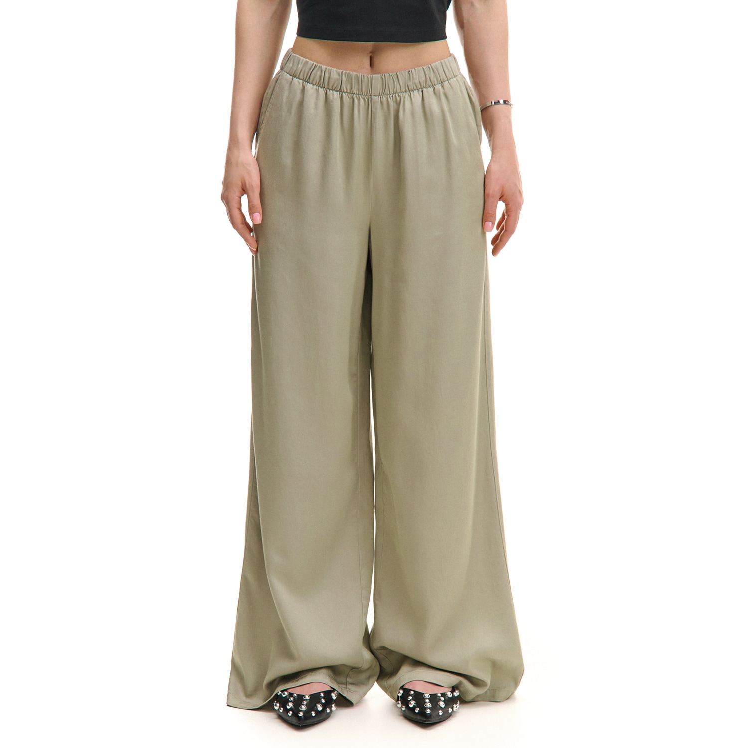 Cropp - Панталони с широк крачол - кафеникаво зелено