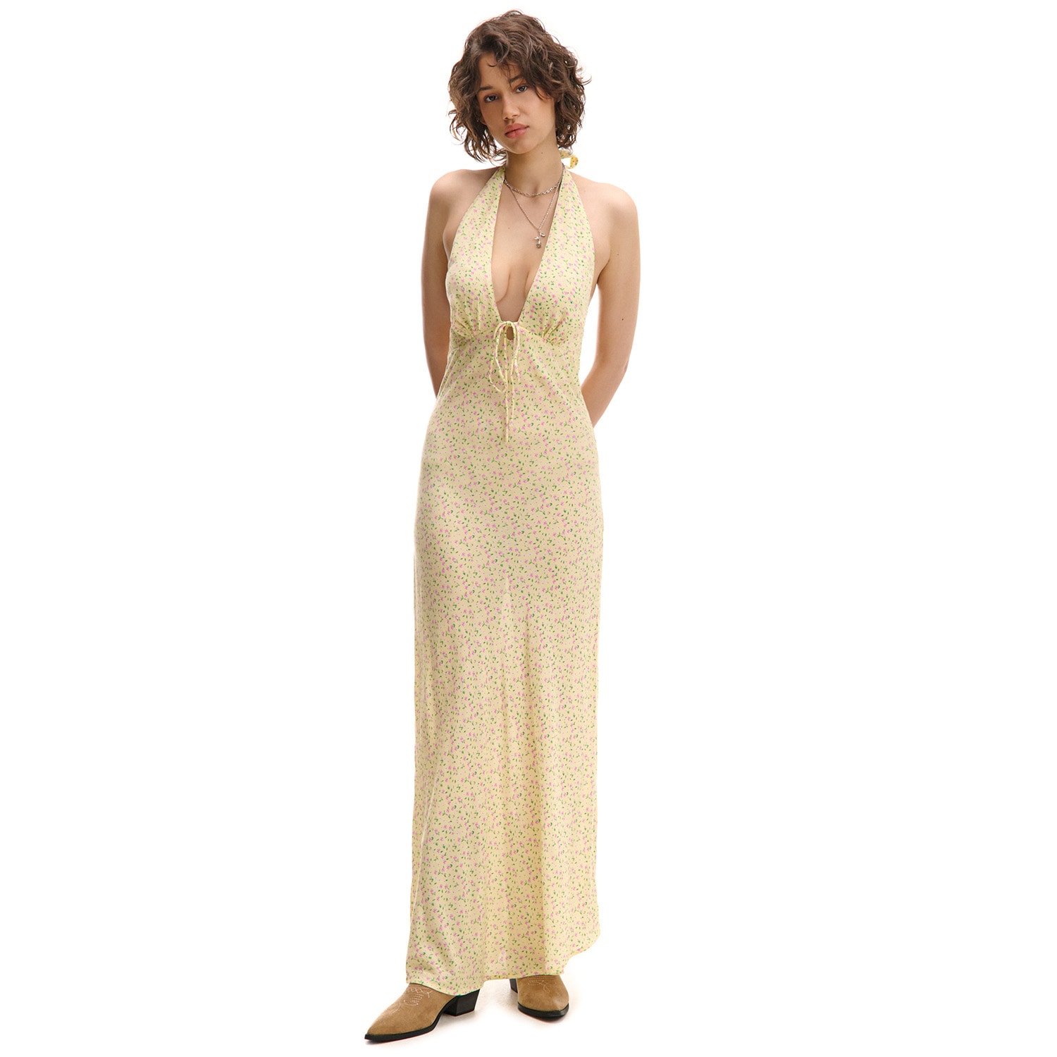 Cropp - Рокля с флорални мотиви - светложълто