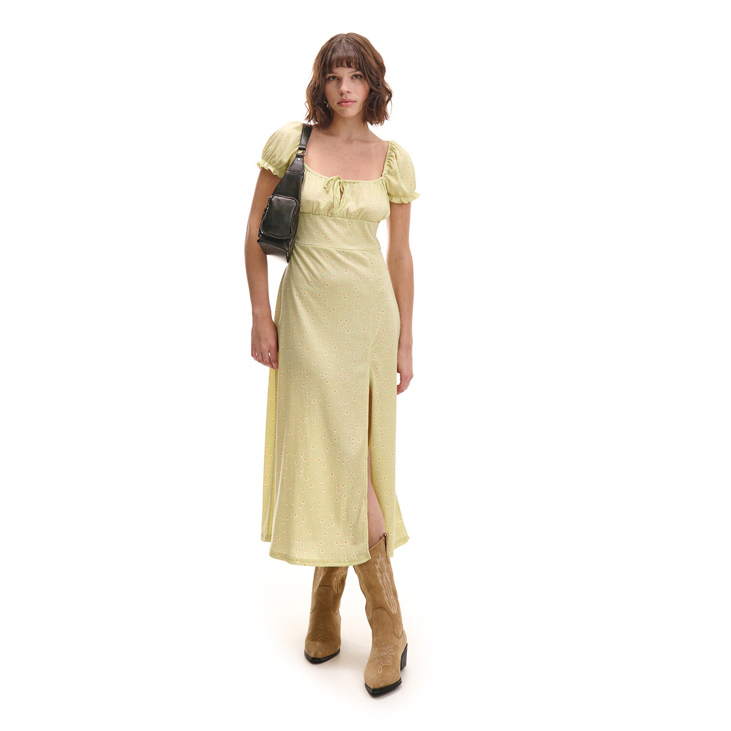 Cropp - Миди рокля с флорален десен - жълтозелено