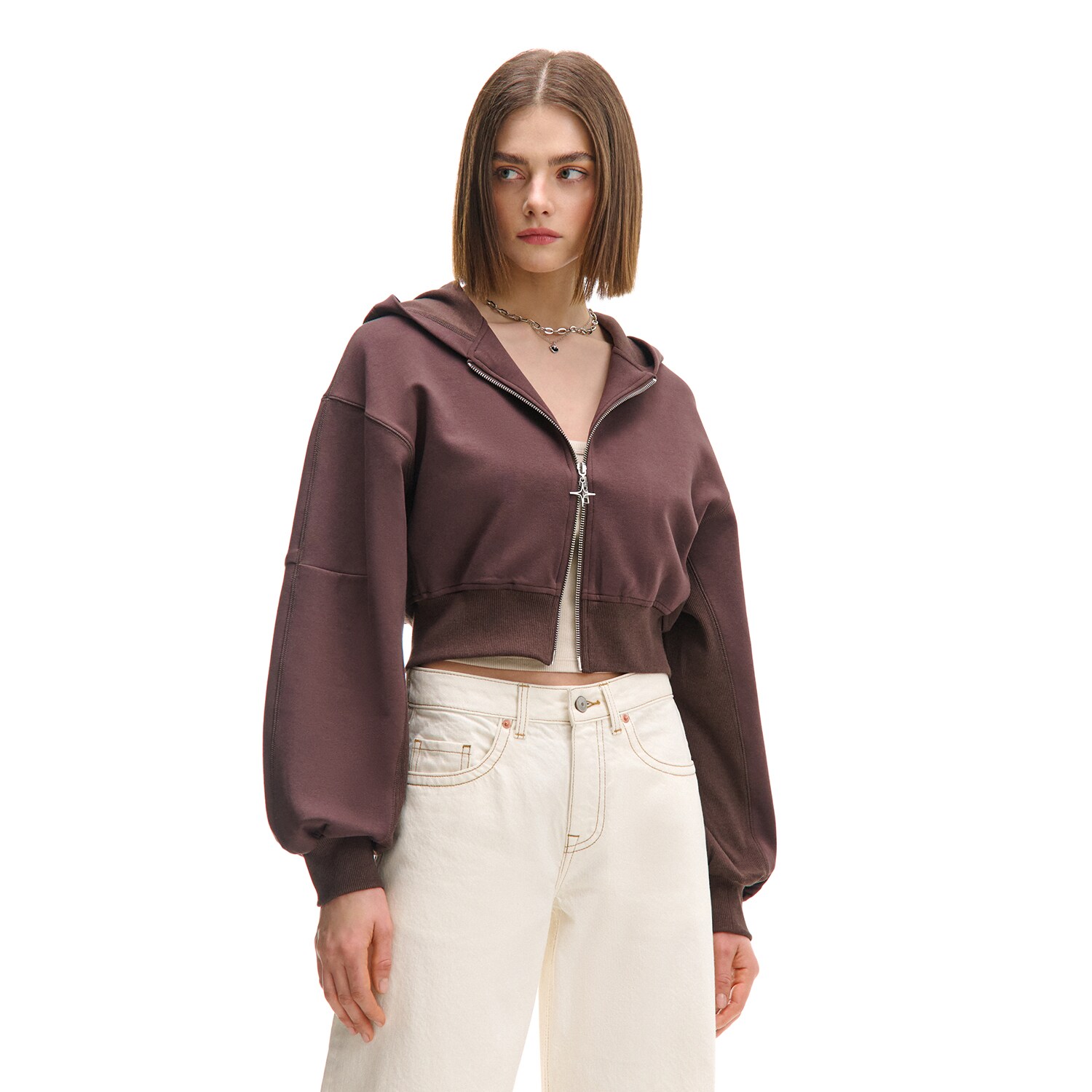 Cropp - Къс суитшърт с качулка - кестеняв