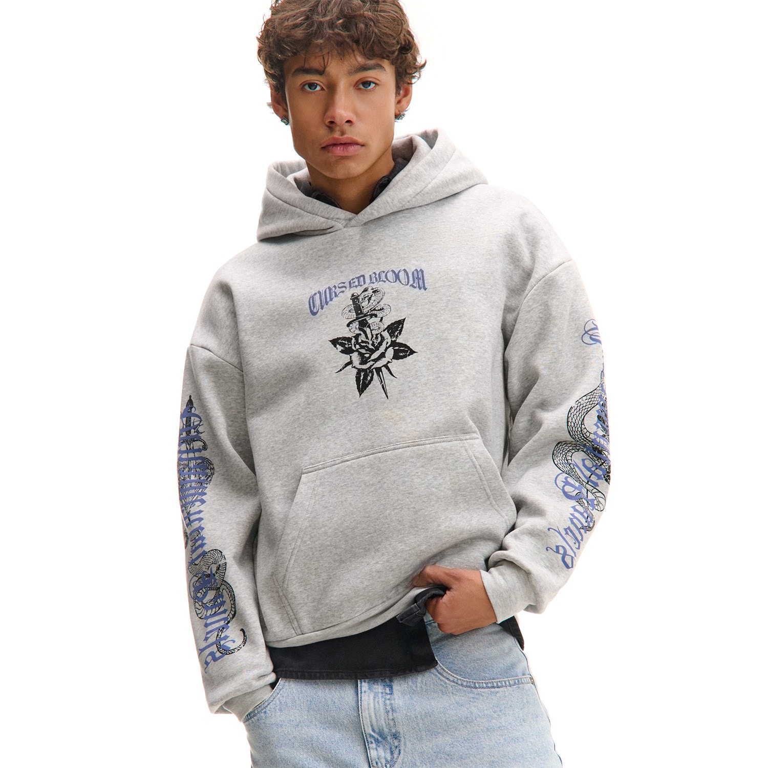 Cropp - Mikina s kapucí a potiskem - světle šedá