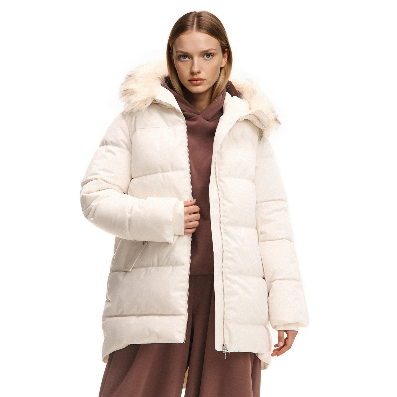 Cropp - Prošívaný kabát s kapucí - béžová