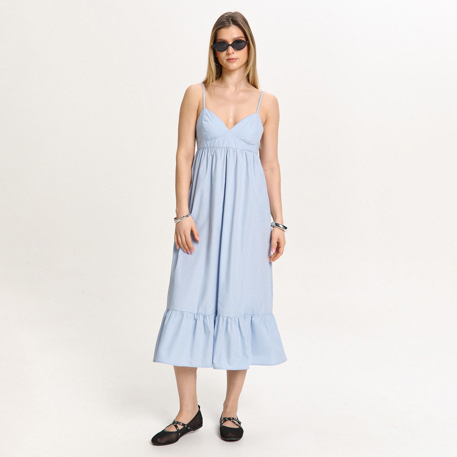 Cropp - Bavlněné midi šaty - bleděmodrá