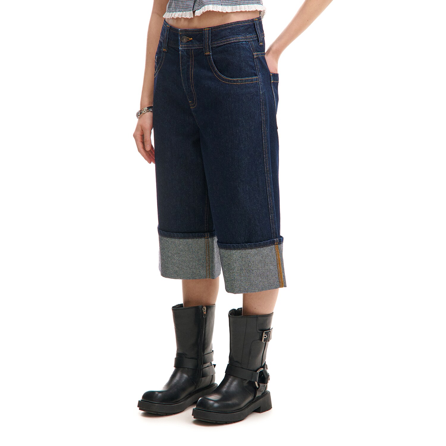 Cropp - Kratke hlače od trapera s podvrnutim porubom - mornarsko plava