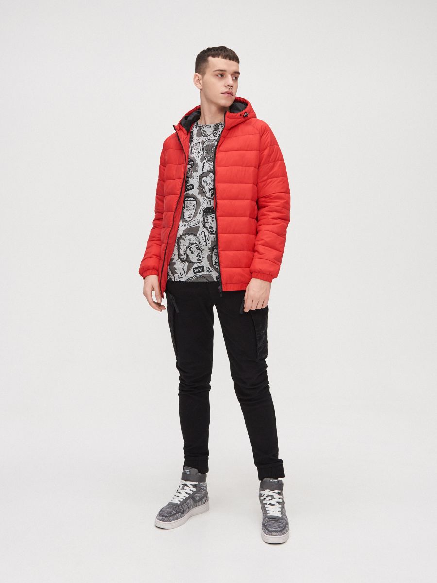 red winter coat with hood