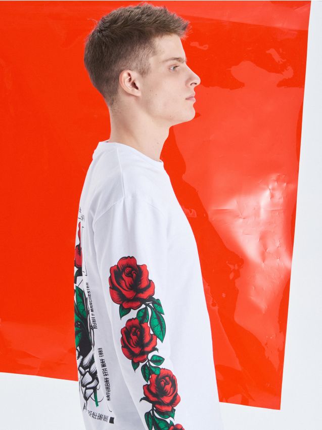 Long sleeve T-shirt with rose print - white - VA165-00X - CROPP