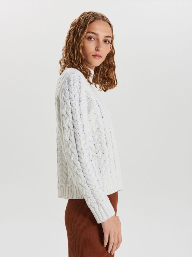 Pulover cu împletitură tip cosiță - fildeș - WB910-01X - CROPP