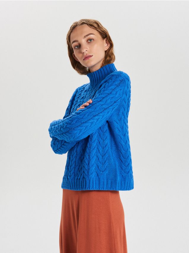 Pulover cu împletitură tip cosiță - albastru - WB910-55X - CROPP