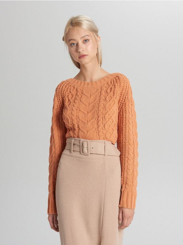 Pulover cu împletitură tip cosiță - portocaliu - WB912-32X - CROPP