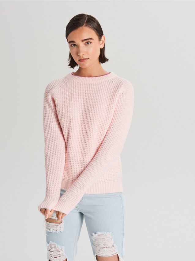 Pulover cu împletitură măruntă - roz - WB916-03X - CROPP