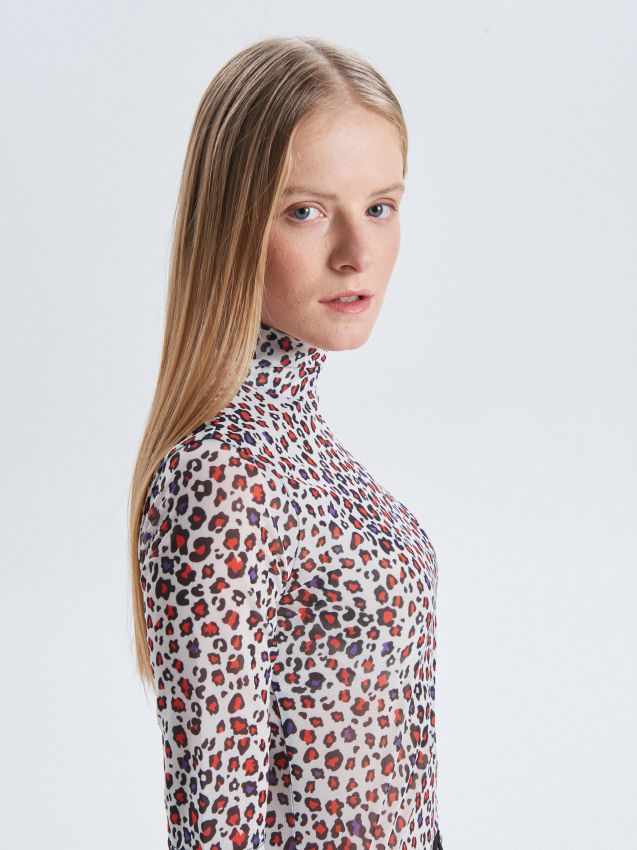 Leopard print turtleneck blouse - white - WC589-00X - CROPP