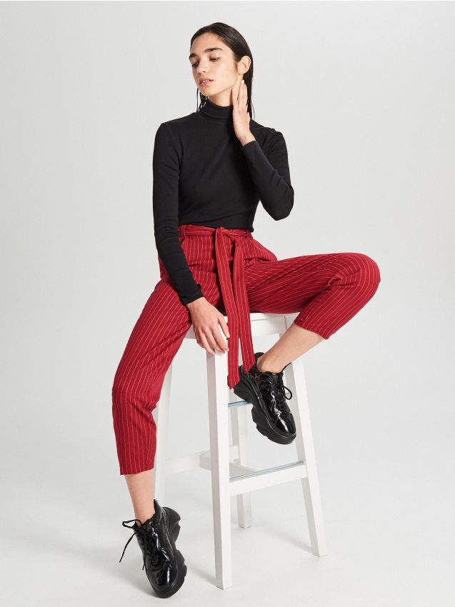 Pantaloni cu curea - maro - WD819-82X - CROPP