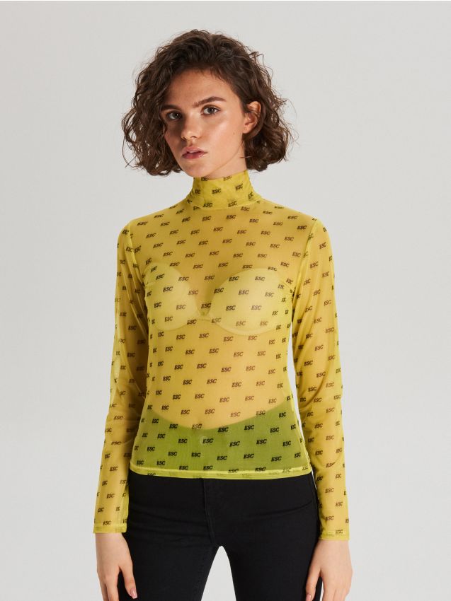 Bluză transparentă, cu text - verde - WE246-71X - CROPP