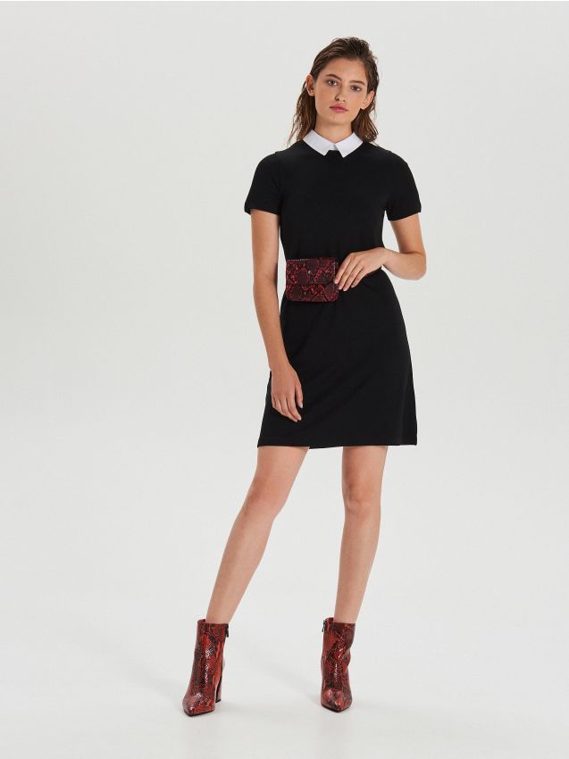 Trapeze dress with contrasting collar - black - WF678-99X - CROPP