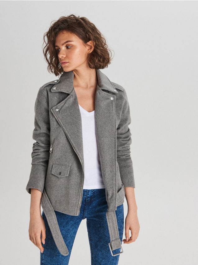 Biker style jacket with belt - grey - WG295-90X - CROPP