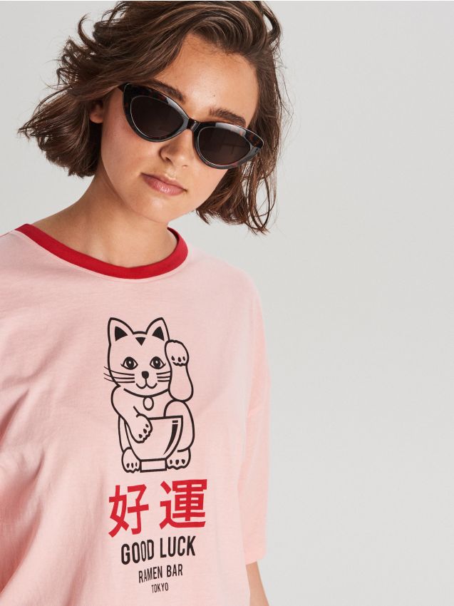 Oversized Good Luck T-shirt - pink - WH708-03X - CROPP