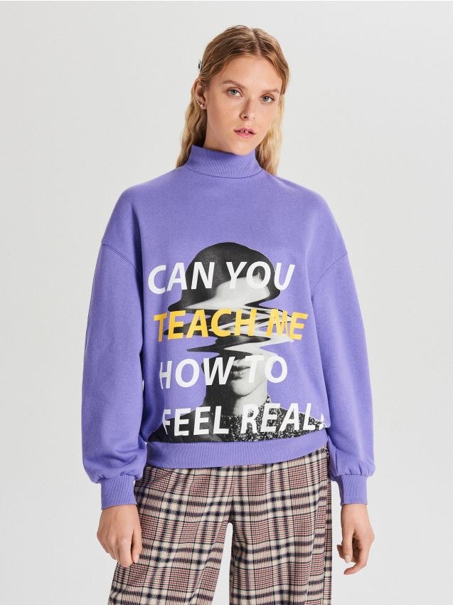 Bluză de trening cu guler rulat, cu imprimeu - albastru - WM665-57X - CROPP