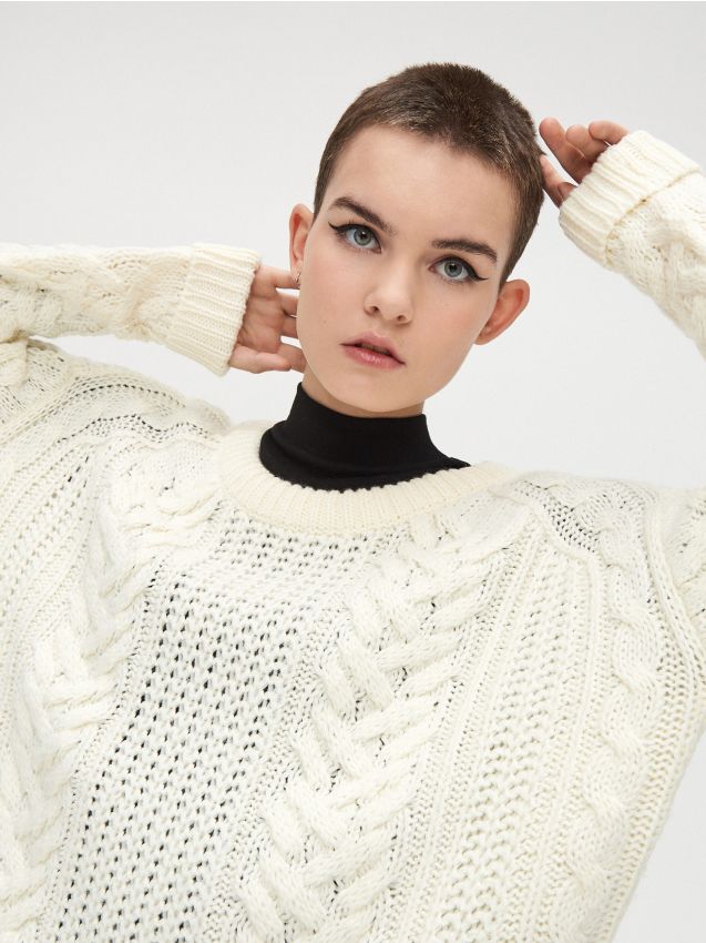 Pulover cu împletitură tip cosiță - fildeș - WM680-01X - CROPP