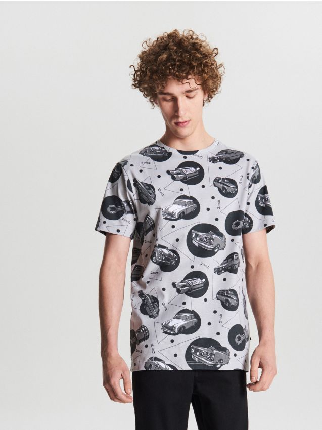 T-shirt with all over car print - grey - WM747-09M - CROPP