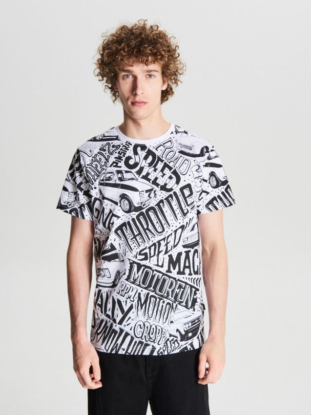 T-shirt with all over car print - white - WM748-00X - CROPP