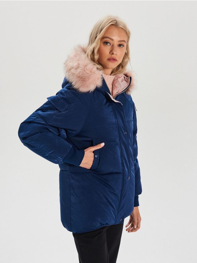 Jachetă cu imitație de blană detașabilă - bleumarin - WS130-59X - CROPP