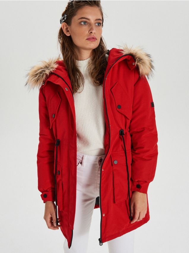 Jachetă cu imitație de blană detașabilă - roșu - WS140-33X - CROPP