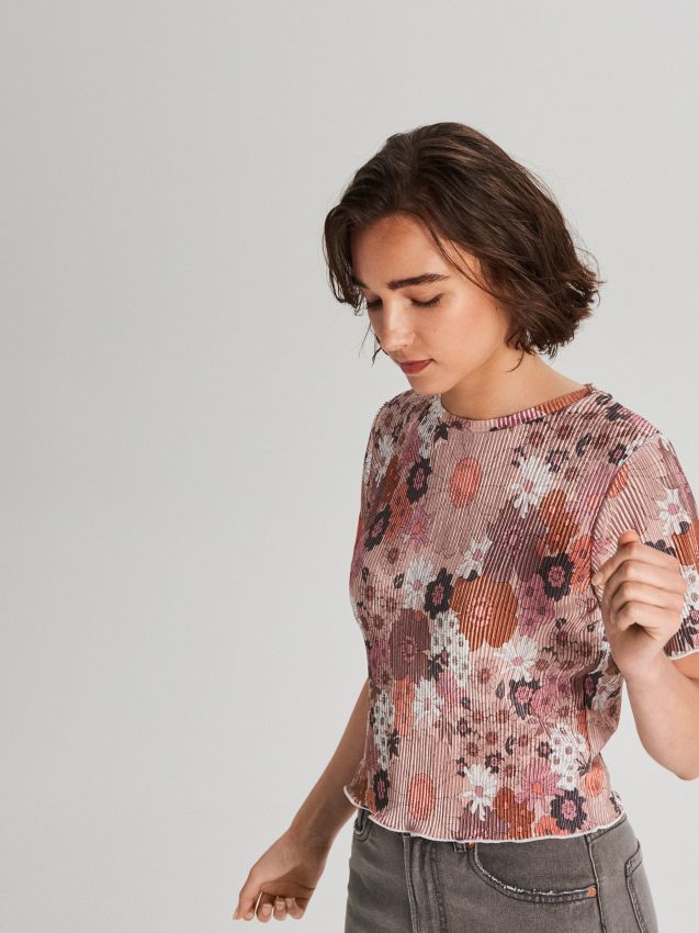 Bluză din tricot striat, cu imprimeu floral - fildeș - WV263-02X - CROPP