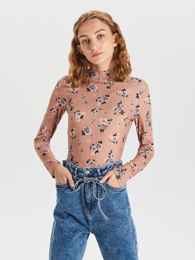 Pulover cu guler Perkins, cu imprimeu - portocaliu - WZ161-22X - CROPP