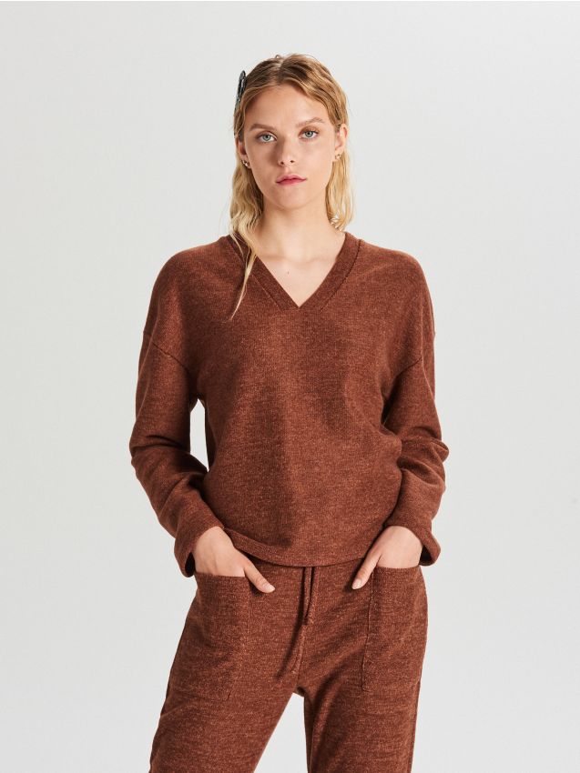 Bluză cu decolteu - maro - XD380-88X - CROPP