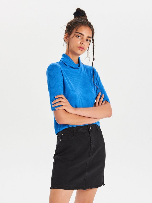 Bluză cu mânecă scurtă și guler rulat - albastru - XD978-55X - CROPP