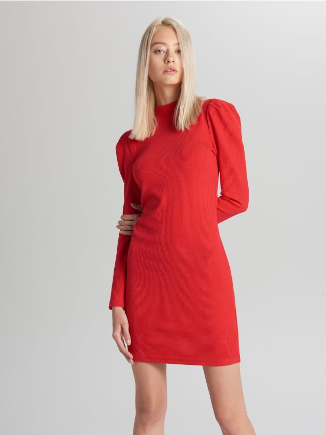 Rochie cu mâneci bufante - roșu - XF615-33X - CROPP