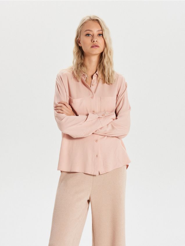 Cămașă netedă cu buzunare - roz - XK626-03X - CROPP