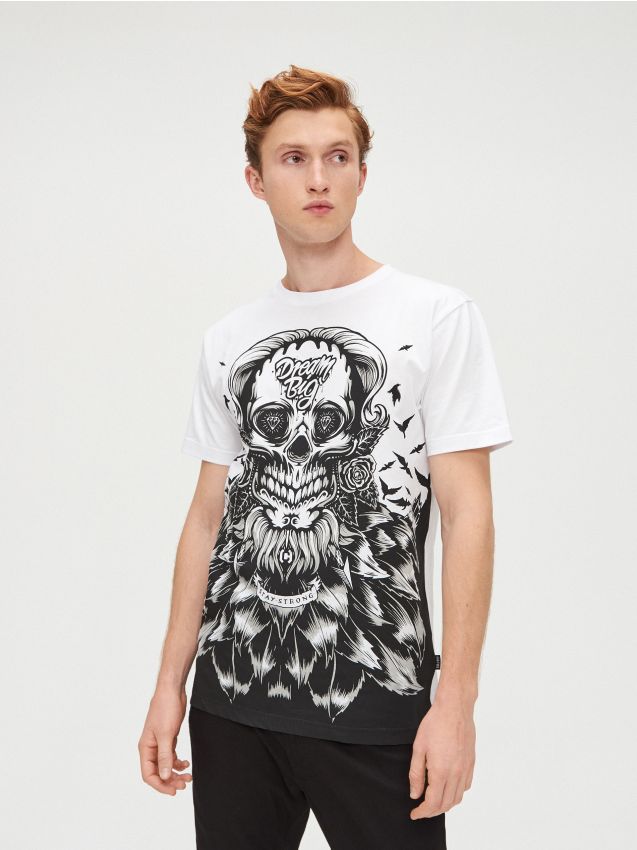 T-shirt with skull motif print - white - XP527-00X - CROPP