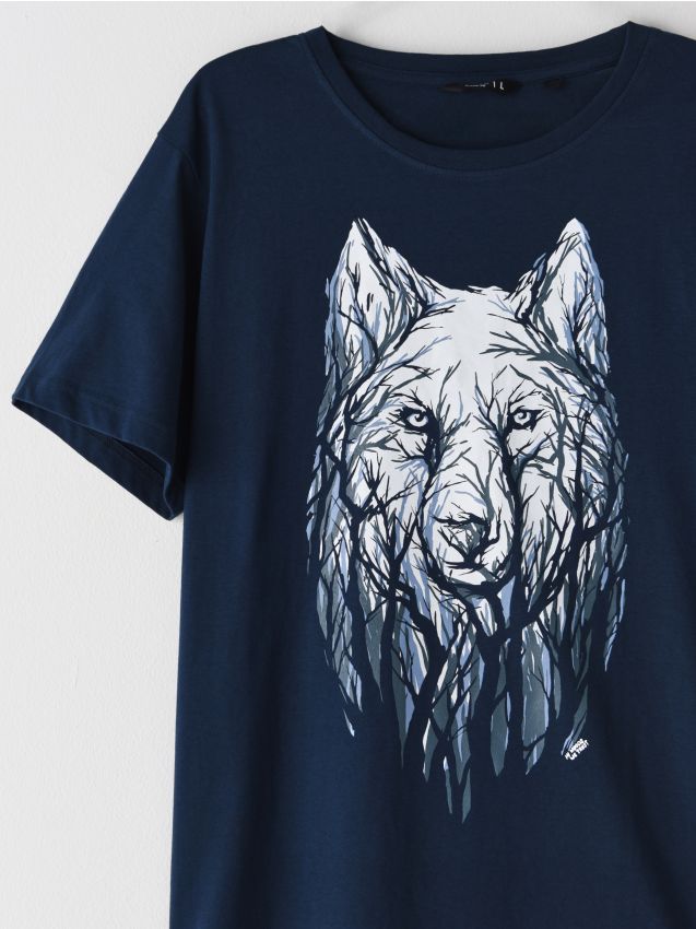 Granatowa koszulka z nadrukiem - granatowy - XP570-59X - CROPP