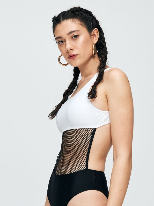 Strój kąpielowy z siateczką - biały - XS930-00X - CROPP