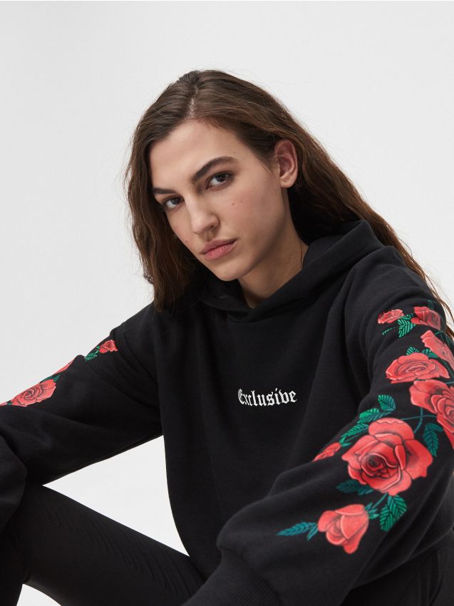 Rose print hoodie - black - XX273-99X - CROPP