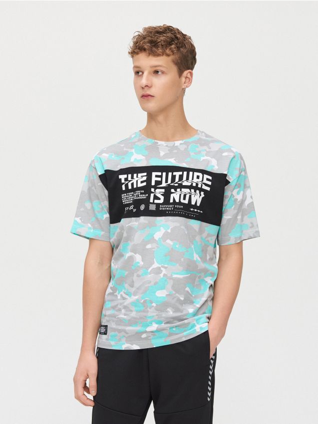 Tricou cu imprimeu camuflaj și text - alb - XZ384-00X - CROPP