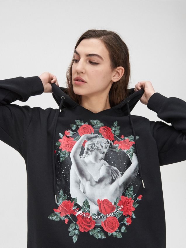 Oversized hoodie with print  - black - YC562-99X - CROPP