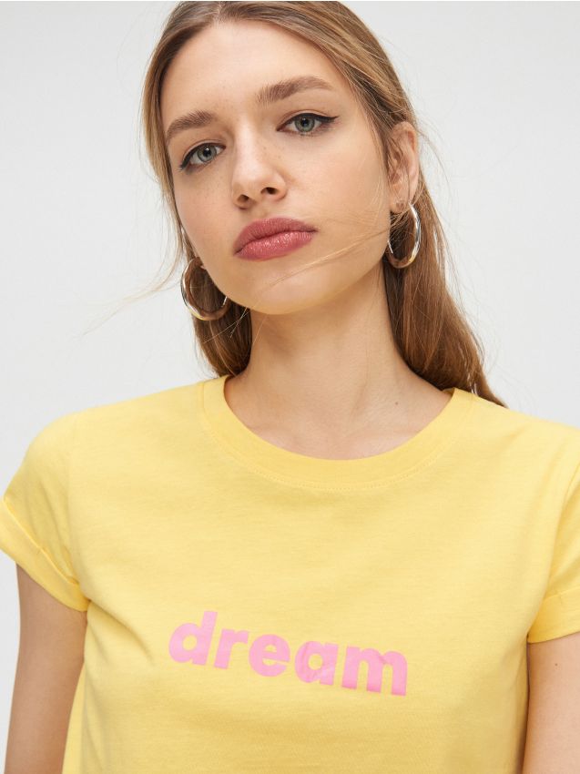 Tricou cu mânecă lungă și text - galben - YC843-11X - CROPP