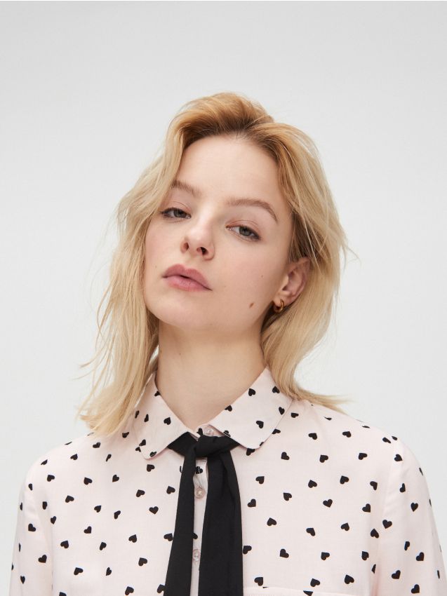 Cămașă cu panglică la guler - roz - YD496-03X - CROPP