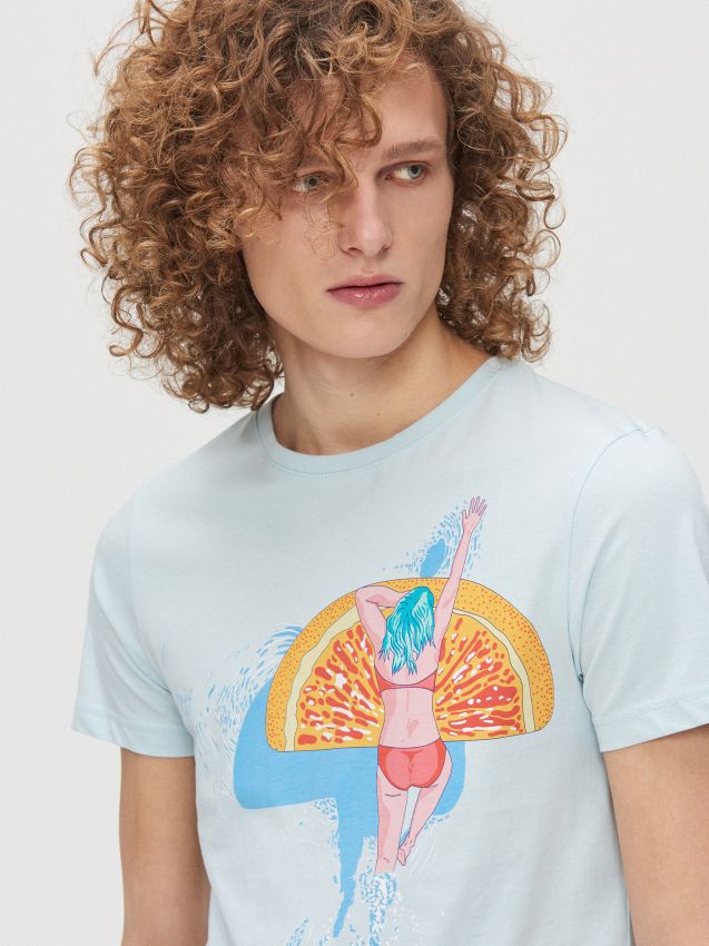 Koszulka z kolorowym nadrukiem - niebieski - YH033-50X - CROPP