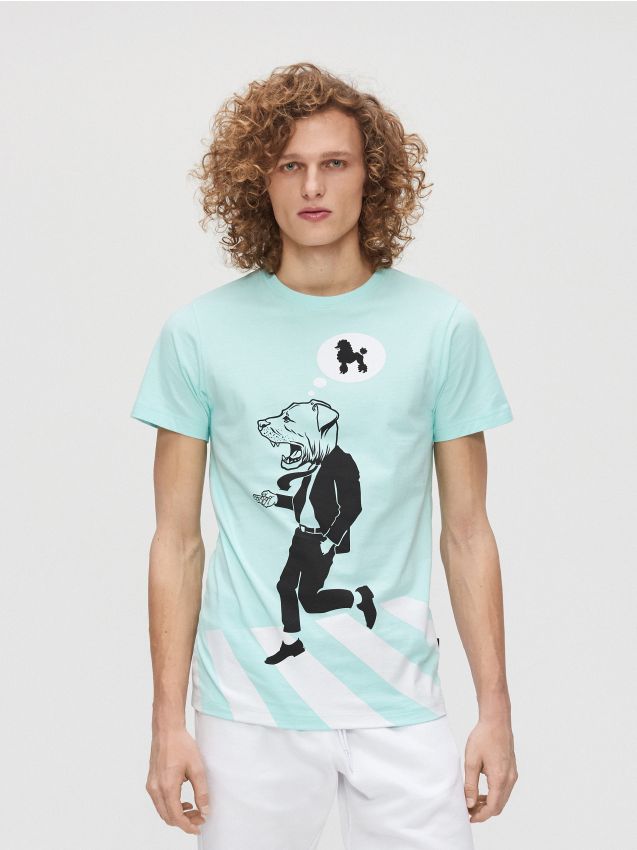 T-shirt with dog motif - turquoise - YH036-60X - CROPP