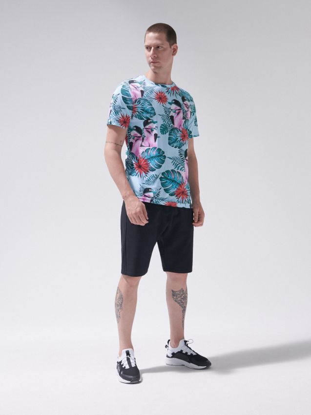 T-shirt with tropical motif - turquoise - YI998-60X - CROPP