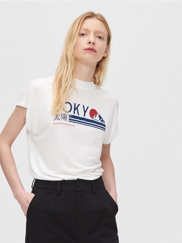 Kokvilnas krekliņš ar apdruku - balts - YK374-00X - CROPP