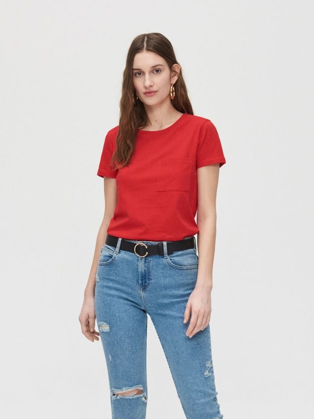 Tricou cu buzunar - roșu - YK382-33X - CROPP