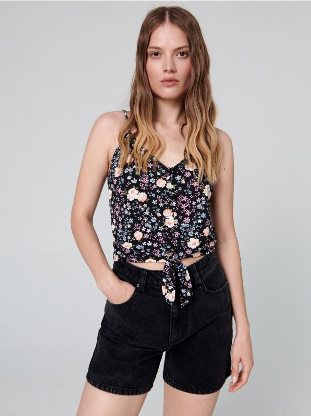 Bluzka z wiązaniem - czarny - ZJ617-99X - CROPP