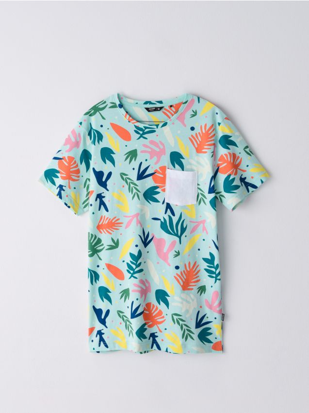 Koszulka z roślinnym nadrukiem - niebieski - ZK998-50X - CROPP