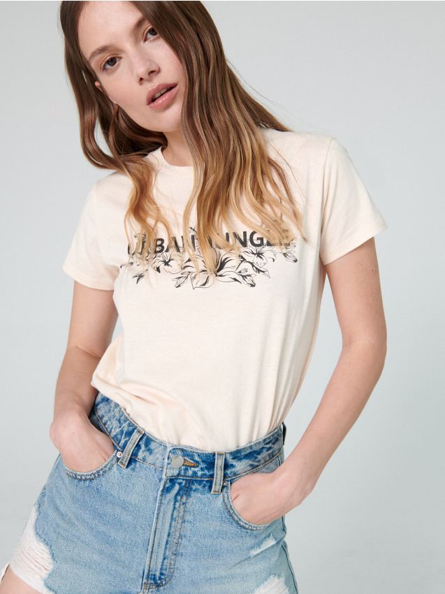 Tricou cu mânecă lungă și text  - fildeș - ZN101-02X - CROPP