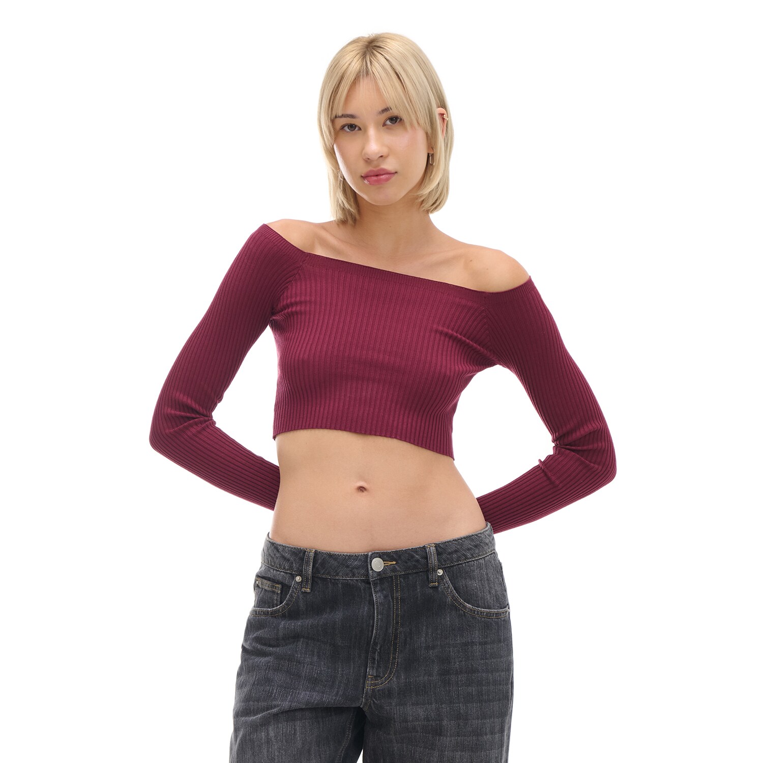 Cropp - Krótki sweter z odkrytymi ramionami - kasztanowy